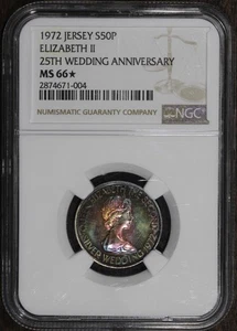 1972 (MS66* STAR) Jersey Silver 50 Pence Elizabeth NGC - RAINBOW Toning - Picture 1 of 2