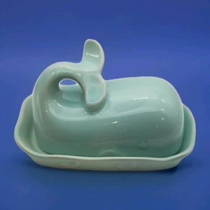 Fox Run Whale Ceramic Butter Dish with Lid, 7", Aqua Blue Beach Seashore 🐳 - Picture 1 of 8