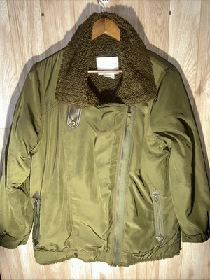 ANTHROPOLOGIE Anthro Sherpa Lined Parka Jacket Aviator Womens Size L Green Brown - Image 1 of 4