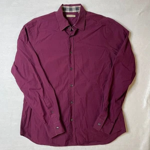 Burberry Brit Button Down Shirt Long Sleeve Plaid Trim Burgundy Mens Large L - Picture 1 of 9