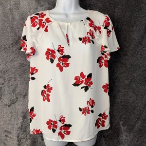 Liz Claiborne Top Blouse Women's Size Small White / Red Floral Short Sleeves - Picture 1 of 11
