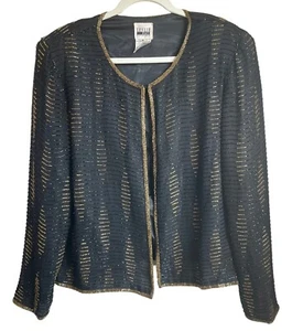 Leslie Fay Evenings Sz Medium-Large Beaded Formal Jacket Black & Gold Silk 90's - Picture 1 of 13