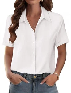 White Button Down Shirt Women Tops Dressy Casual Short Sleeve V Neck Collar W... - Picture 1 of 5
