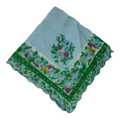Pañuelo bebé azul verde floral esquina borde festoneado 12” boho pañuelo vintage Foto 1 de 3
