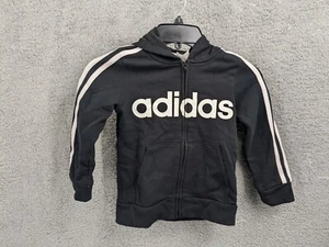 Adidas Kids Size 5 Black Full Zip Jacket Hoodie Three Stripe Pockets Boys Black - Picture 1 of 8