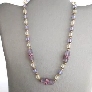 Vintage Frosted Glass Beaded Necklace Millifiore Purple Knotted Gold Tone 18” - Picture 1 of 8
