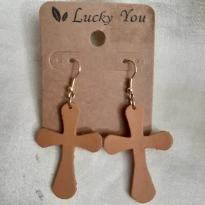 Cross Earrings Faux Leather Ultra Lightweight Crucifix Christian Tan - Picture 1 of 2