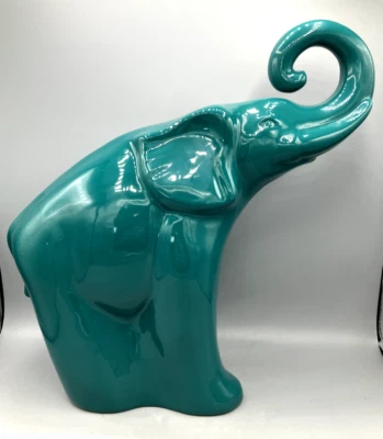 Vintage Haeger 1992 Large 15.5" Tall Ceramic Elephant Dark Green Glazed - Image 1 of 4