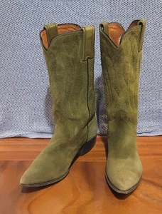 Vintage Justin Cowboy Suede Boots Green Leaf Stitch Women Size 4.5 B - Picture 1 of 13