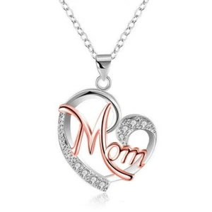 Silver & Rose Gold Mom Love Heart Charm Pendant Chain Necklace Gift Mothers Day - Picture 1 of 1