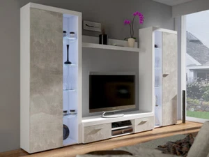 Wohnwand Rosa XL Wohnzimmer-Set Wohnmöbel Weiß Sonoma LED-Beleuchtung Modern - Bild 1 von 8