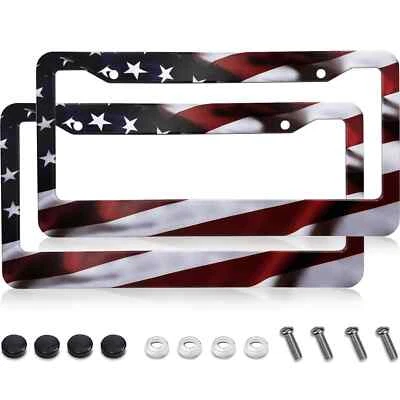 2 CHROME STAINLESS STEEL USA AMERICAN FLAG METAL CAR TRUCK LICENSE PLATE FRAME Foto 1 de 4
