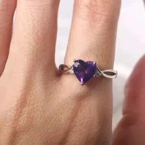 2 Ct Heart Shape Amethyst Diamond Solitaire Wedding Ring 14k White Gold Finish - Picture 1 of 7