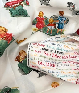 Vtg MCM 5 Pc 2 Yd MICHAEL MILLER DICK & JANE Book PRINT Cotton Quilt FABRIC Red - Picture 1 of 20