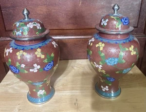 Pair of Antique Cloisonne Enameled Floral Ginger Jars, Circa 1910 - Picture 1 of 7