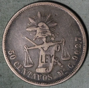 MEXICO 1870 Mo C ~ SILVER  50 CENTAVOS ~ CAP AND SCALES - Picture 1 of 2