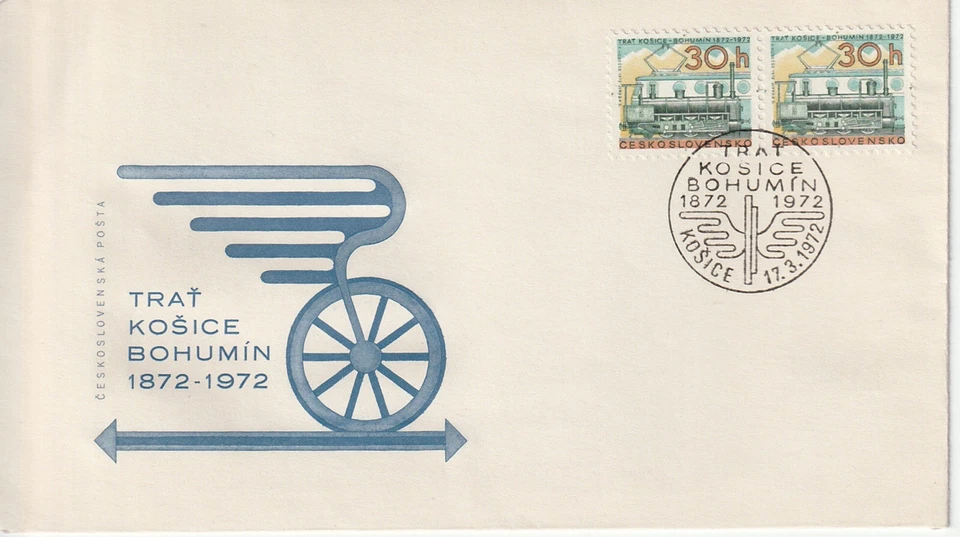 1972 Tchecoslováquia Kosice Rota Bohumin Edição Primeiro Dia Capa e Selo Postal - Imagem 1 de 2