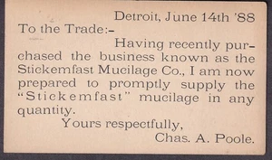 1888 Postkarte Charles A Poole / Stickemfast Mucilage Company Detroit - Bild 1 von 2