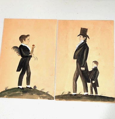 Par de pinturas originais assinadas em aquarela de arte popular colada Amer. Estilo primitivo - Imagem 1 de 4