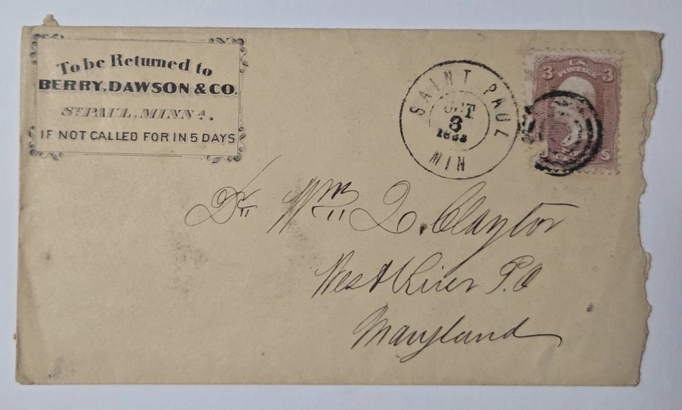 SAINT PAUL MINNESOTA 1862 #65 YD Cover Printed Return to WEST RIVER MARYLAND - Image 1 of 2
