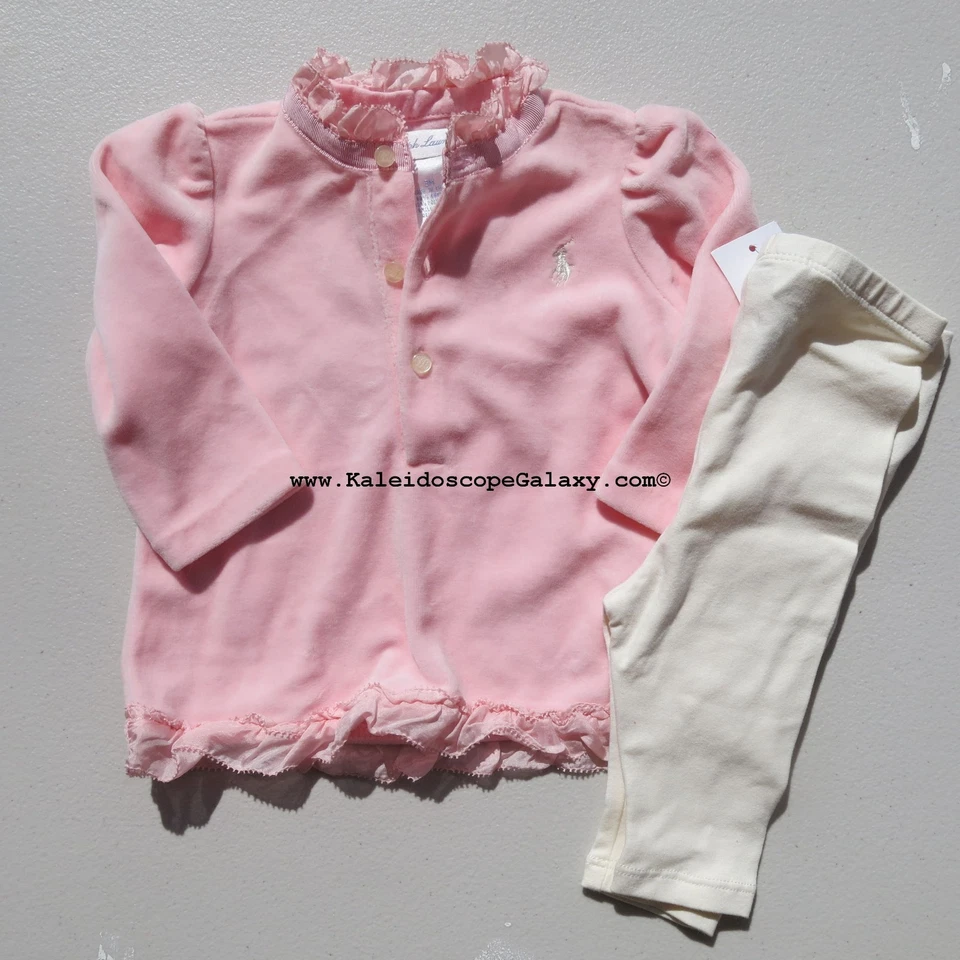 Ralph Lauren Baby Girl 3 Months Pink Ruffle Velour Top with Cream Leggings NEW - Image 1 of 1