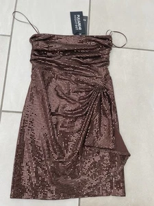 BNWTS. PULL & BEAR-NIGHTOUT. SIZE 8/10. CHOC SPARKLY BANDEAU WRAP MINI DRESS - Picture 1 of 14