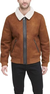 Chaqueta de bombardero de piel de oveja sintética para hombre con cuello de piel sintética - Imagen 1 de 4