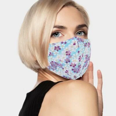 Blue Purple White Cherry Blossoms w/ Gold Outline Washable Reusable Mouth Mask  - Image 1 of 2