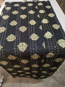 Indian Black Kantha Quilt Cotton Throw King Size Handmade Bedspread Blanket - Picture 1 of 12