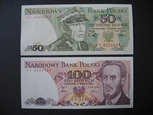 POLAND  50 + 100 Zlotych 1986/88  (P142c + P143e)  UNC - Picture 1 of 2