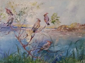 Painting "Waxwings". Oil on cardboard. 5x7 inc. Handmade. 2025. Unframed. - Picture 1 of 1