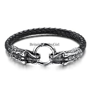 8.3" Men Women Stainless Steel Dragon Head Black Leather Cuff Bracelet Jewelry