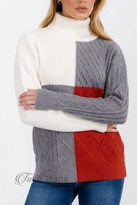 TRES CHIC Ivory Rust Grey LS Turtle Neck Detailed Colorblock Pullover Sweater - Picture 1 of 4