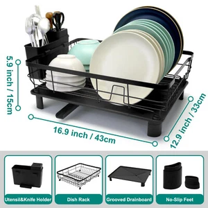 Large Dish Drainer Rack Kitchen Sink Drying Rack Bowl Plate Holder 360°Drip Tray - Picture 1 of 13