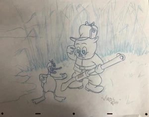 Virgil Ross- Original Signed Production Drawing of Porky Pig and Daffy Duck - Picture 1 of 1
