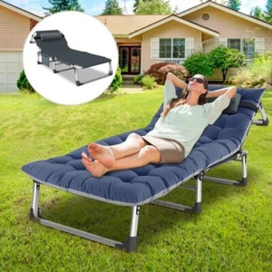 Folding Lounge Chair Sleeping Cots Bed Adjustable 4-Position with Pillow Cushion - Picture 1 of 21