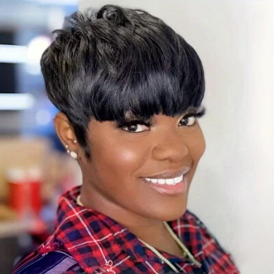 Pelucas de cabello 100 % humano corte pixie recto negras sin pegamento negras sin encaje  Foto 1 de 4