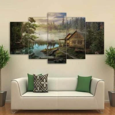 Multi Panel Print Cabin on the Lake Canvas Wall Art Mountain Country 5 Piece - Image 1 of 4
