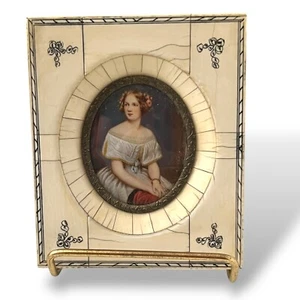 1840s French Jenny Lind Bone Frame Hand Painted & Signed Portrait Miniature 4.5" - Picture 1 of 13