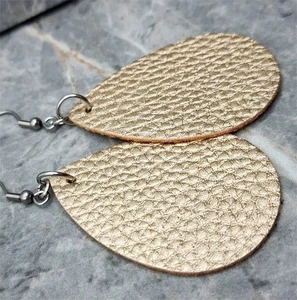 Shimmering Pale Gold Teardrop Shaped FAUX Leather Earrings - Picture 1 of 5
