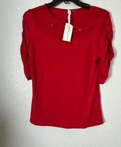 NY Collection Top Womens Size PM Red Ruched Sleeve Sheer Trim Casual Blouse NWT - Picture 1 of 9