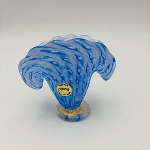 Murano Art Glass Clamshell Vase Blue Gold Accents Bullicante Hand Blown Italy - Picture 1 of 10