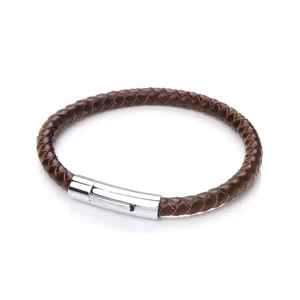 Mens Steel Jewelco London Brown Leather Platted Strap Bracelet 6mm 8 inch - Picture 1 of 3