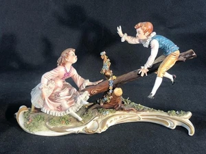 FINE CAPODIMONTE LACE PORCELAIN HAND PAINTED BOY & GIRL SEESAW FIGURE GROUP. - Picture 1 of 16