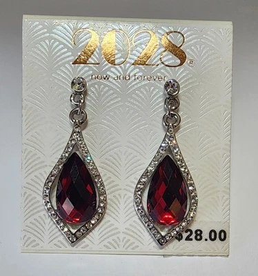 Vintage Inspired Teardrop Red Crystal Dangle Earrings With Rhinestone Accents - Image 1 of 3