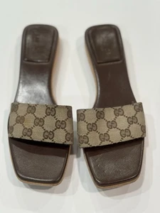 Gucci Slides GG Monogram Tela Marrone con Suola in Legno Zoccoli Sandalo Vintage Tg 10 B - Foto 1 di 24