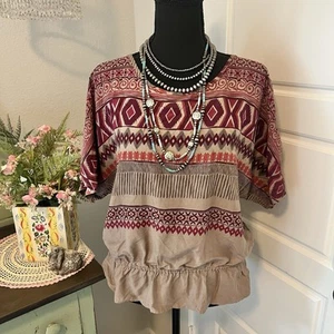 Tan Maroon Boho Hippie South Western Dolman Sleeve Elastic Waist Blouse Sz M - Picture 1 of 8