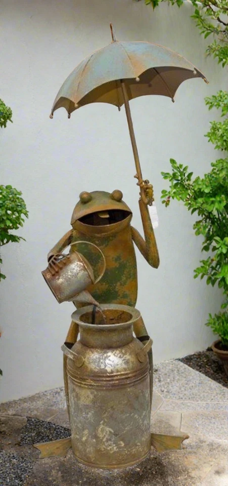 Farmhouse Country Garden Whimsical Frog w/ Watering Can Fountain Iron - Image 1 of 3