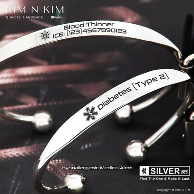 Hypoallergenic Medical Alert Bracelet✔️Solid 925 Sterling Silver✔️Free Engraving - Image 1 of 4