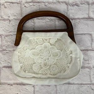 Vintage Bermuda Bag Lace Embroidered Floral Wood Handle Purse Cottage Core - Picture 1 of 9